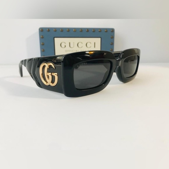 💯 - New Authentic Gucci Black Gray Gg0811s 001 Logo Rectangle Unisex Sunglas… - Picture 1 of 13